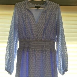 Aqua Smocked Long Sleeve Dress in White and Blue